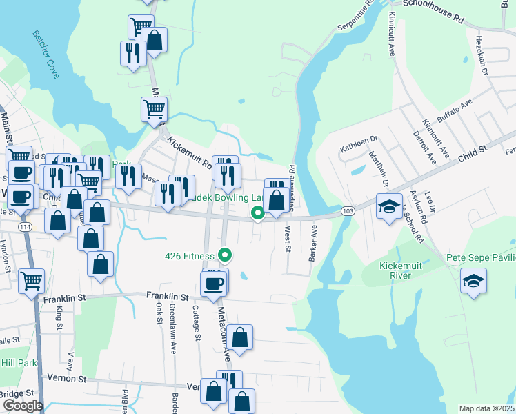 map of restaurants, bars, coffee shops, grocery stores, and more near 410 Child Street in Warren