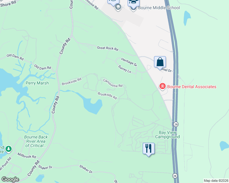 map of restaurants, bars, coffee shops, grocery stores, and more near 34 Carnoustie Road in Bourne