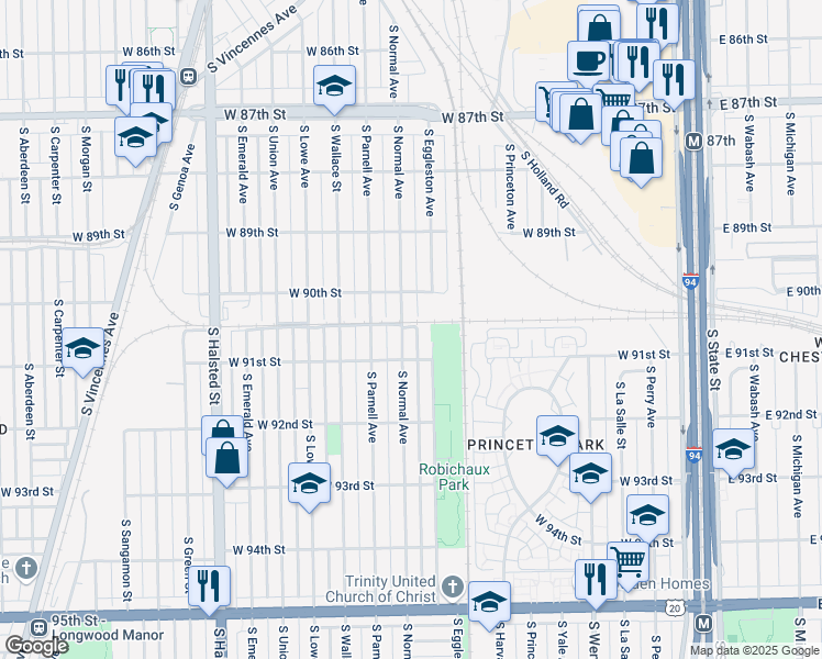 map of restaurants, bars, coffee shops, grocery stores, and more near 9023 South Normal Avenue in Chicago