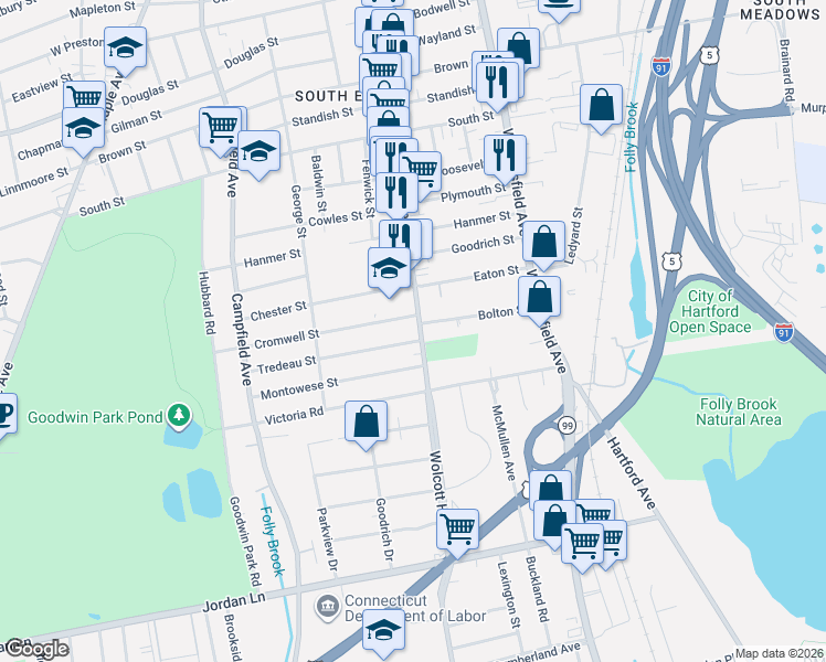 map of restaurants, bars, coffee shops, grocery stores, and more near 661 Franklin Avenue in Hartford