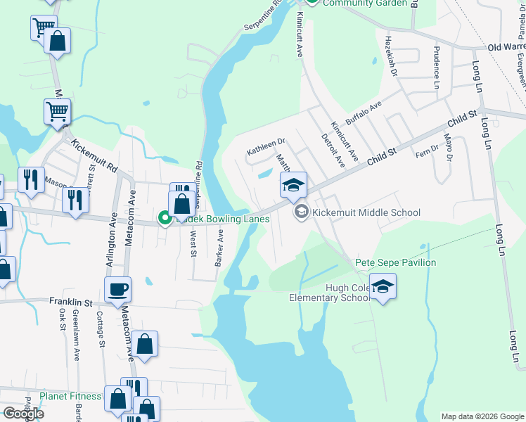 map of restaurants, bars, coffee shops, grocery stores, and more near 514n Child Street in Warren