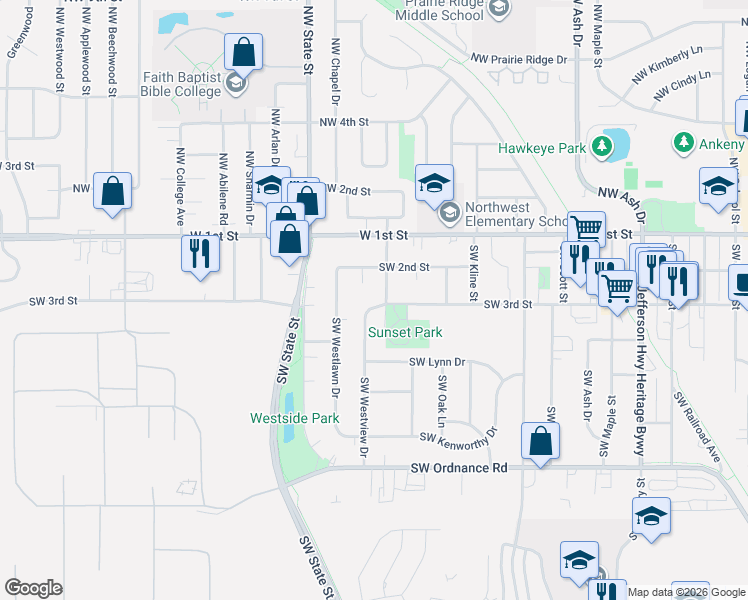 map of restaurants, bars, coffee shops, grocery stores, and more near 1400 Southwest 3rd Street in Ankeny