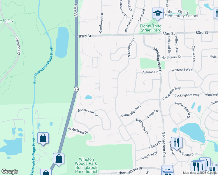 map of restaurants, bars, coffee shops, grocery stores, and more near 329 Trafalgar Court in Bolingbrook
