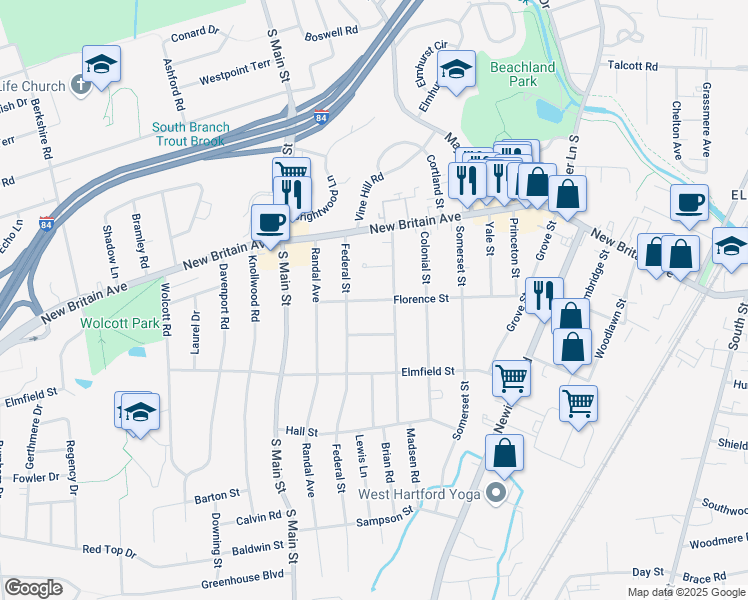 map of restaurants, bars, coffee shops, grocery stores, and more near 140 Florence St in West Hartford