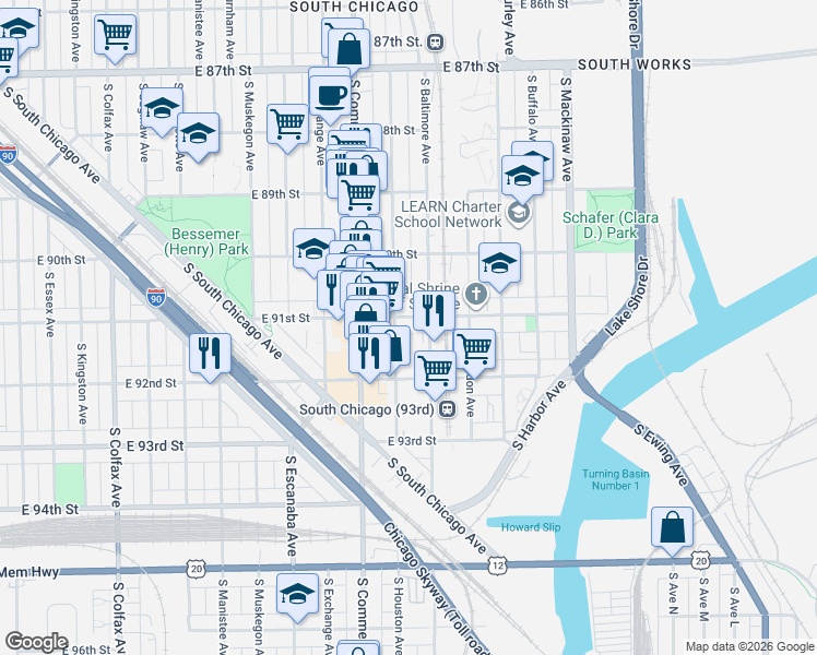 map of restaurants, bars, coffee shops, grocery stores, and more near 3039 East 91st Street in Chicago