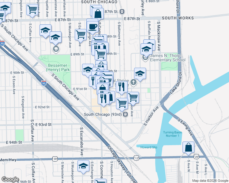 map of restaurants, bars, coffee shops, grocery stores, and more near 3039 East 91st Street in Chicago
