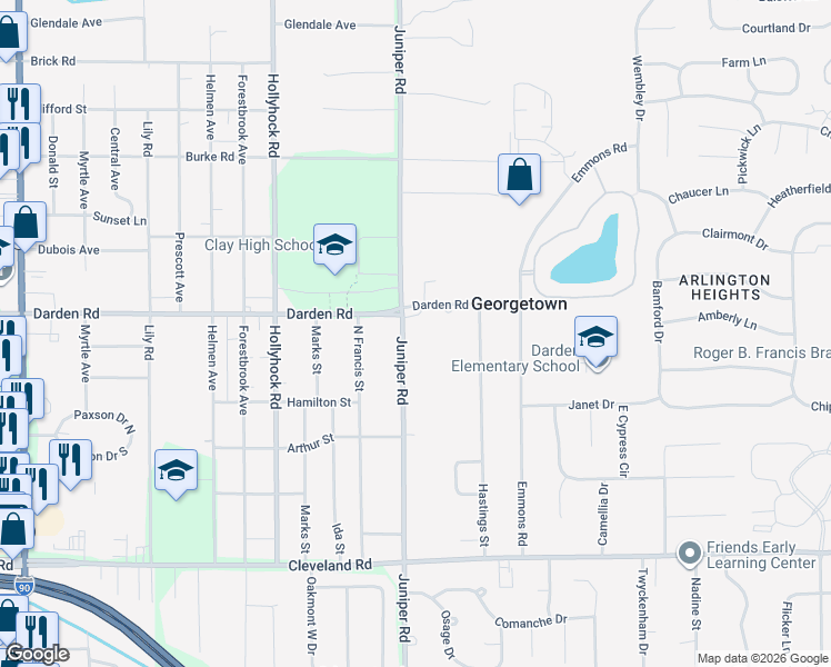map of restaurants, bars, coffee shops, grocery stores, and more near 52580 Juniper Road in South Bend