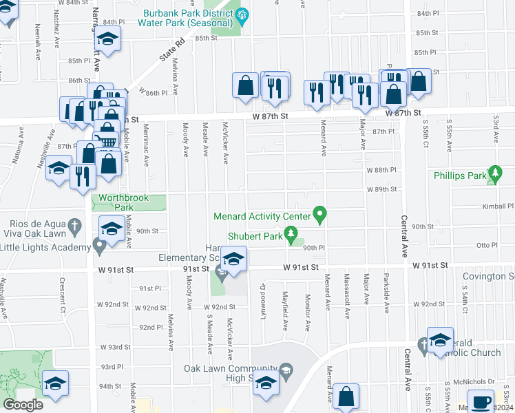 map of restaurants, bars, coffee shops, grocery stores, and more near 5930 89th Place in Oak Lawn