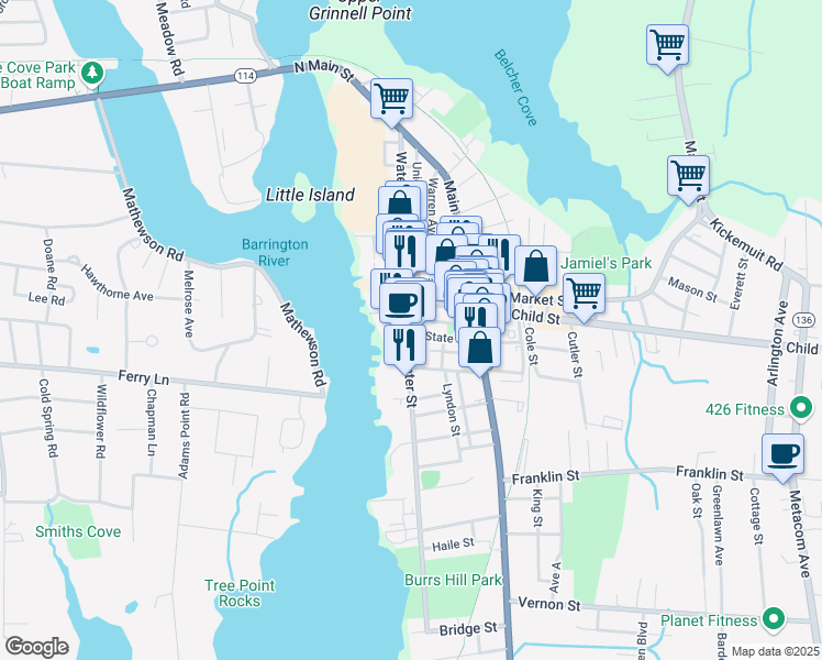 map of restaurants, bars, coffee shops, grocery stores, and more near 40 Church Street in Warren