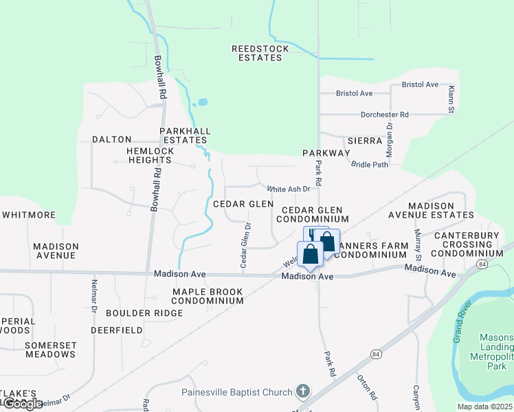map of restaurants, bars, coffee shops, grocery stores, and more near 121 Red Pine Drive in Painesville