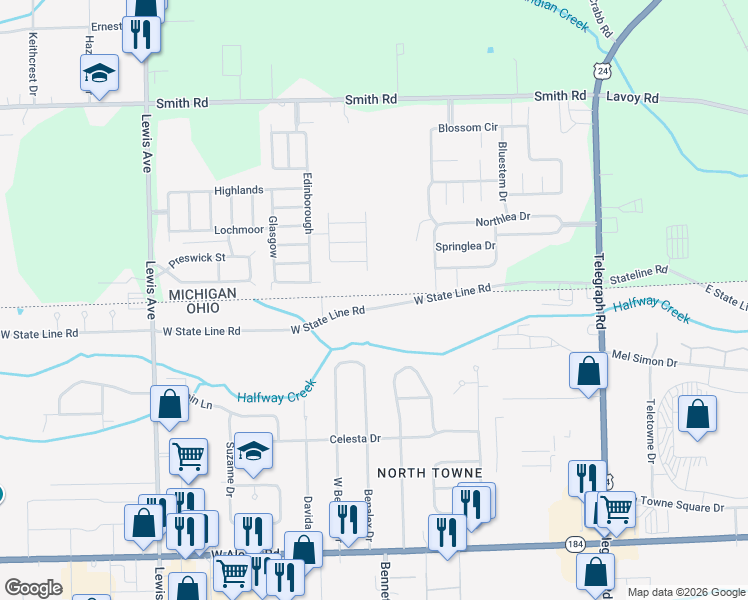 map of restaurants, bars, coffee shops, grocery stores, and more near 506 West State Line Road in Toledo
