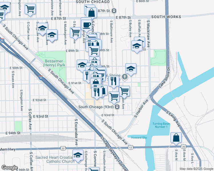 map of restaurants, bars, coffee shops, grocery stores, and more near 3052 East 91st Street in Chicago