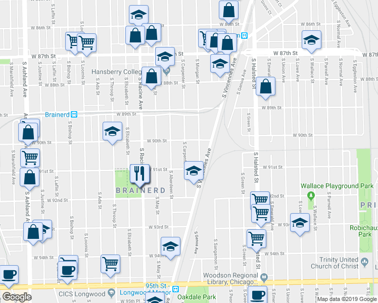 map of restaurants, bars, coffee shops, grocery stores, and more near 9017 South Carpenter Street in Chicago