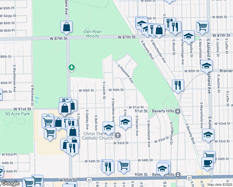 map of restaurants, bars, coffee shops, grocery stores, and more near 9000 South Hamilton Avenue in Chicago