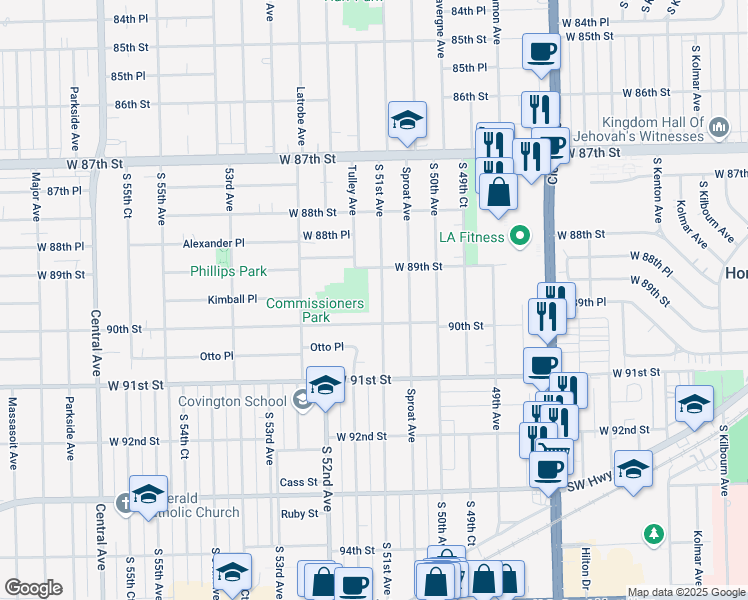 map of restaurants, bars, coffee shops, grocery stores, and more near 8920 South 51st Avenue in Oak Lawn