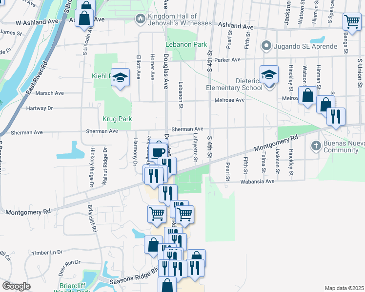 map of restaurants, bars, coffee shops, grocery stores, and more near 1332 Douglas Avenue in Montgomery