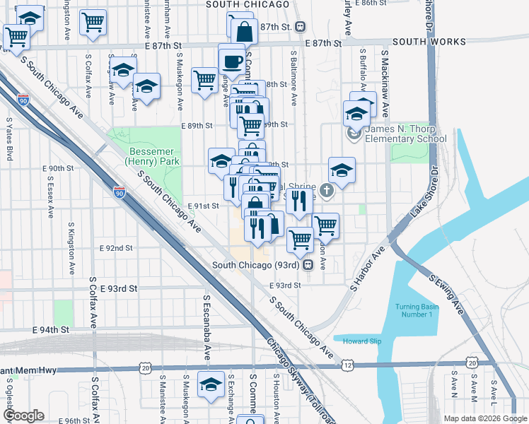 map of restaurants, bars, coffee shops, grocery stores, and more near 3017 East 91st Street in Chicago