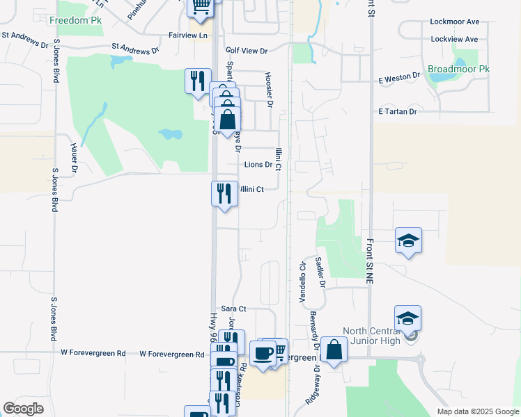 map of restaurants, bars, coffee shops, grocery stores, and more near 410 Ashley Court in North Liberty