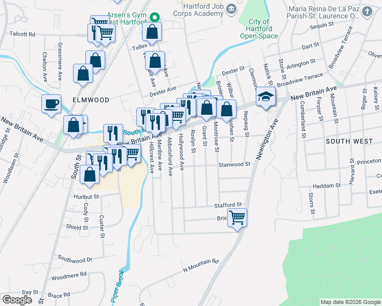 map of restaurants, bars, coffee shops, grocery stores, and more near 49 Roslyn Street in Hartford