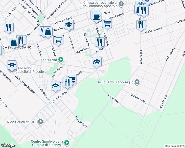 map of restaurants, bars, coffee shops, grocery stores, and more near 9 Via San Candido in Città Metropolitana di Roma