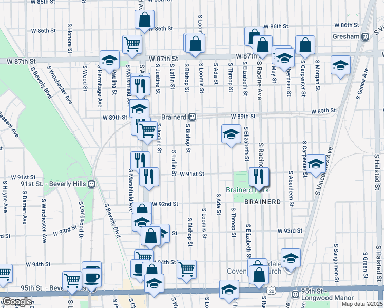 map of restaurants, bars, coffee shops, grocery stores, and more near 9012 South Loomis Street in Chicago