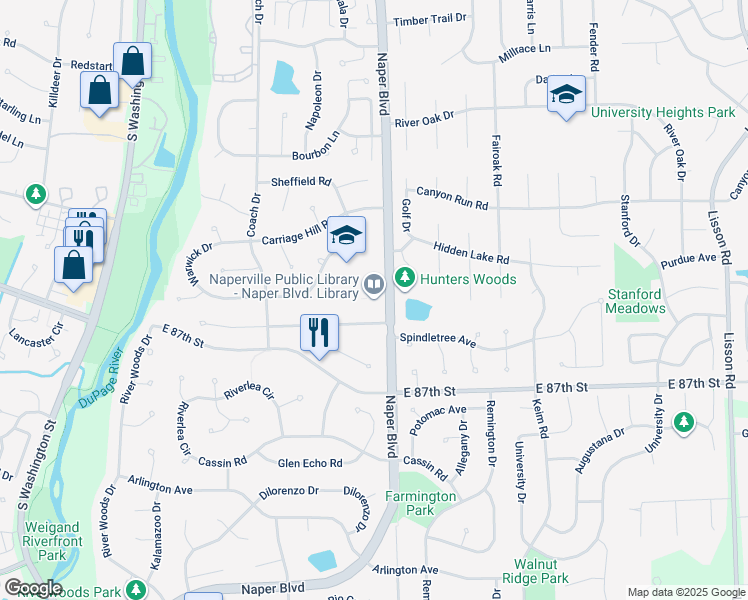 map of restaurants, bars, coffee shops, grocery stores, and more near 2035 South Naper Boulevard in Naperville