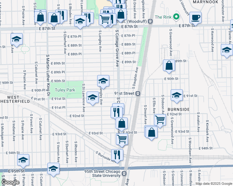 map of restaurants, bars, coffee shops, grocery stores, and more near 9038 South Cottage Grove Avenue in Chicago