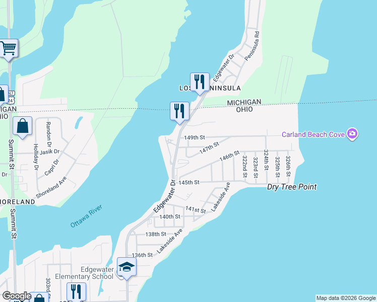 map of restaurants, bars, coffee shops, grocery stores, and more near 6112 317th Street in Toledo