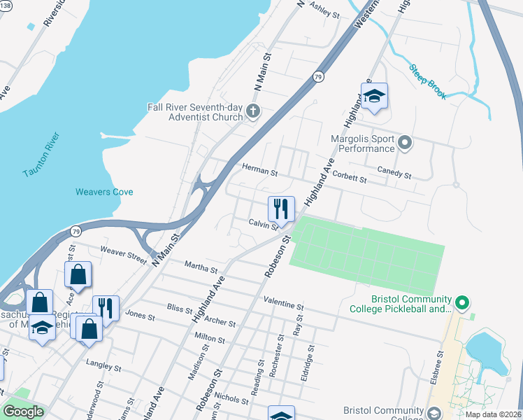 map of restaurants, bars, coffee shops, grocery stores, and more near 241 Mount Pleasant Street in Fall River