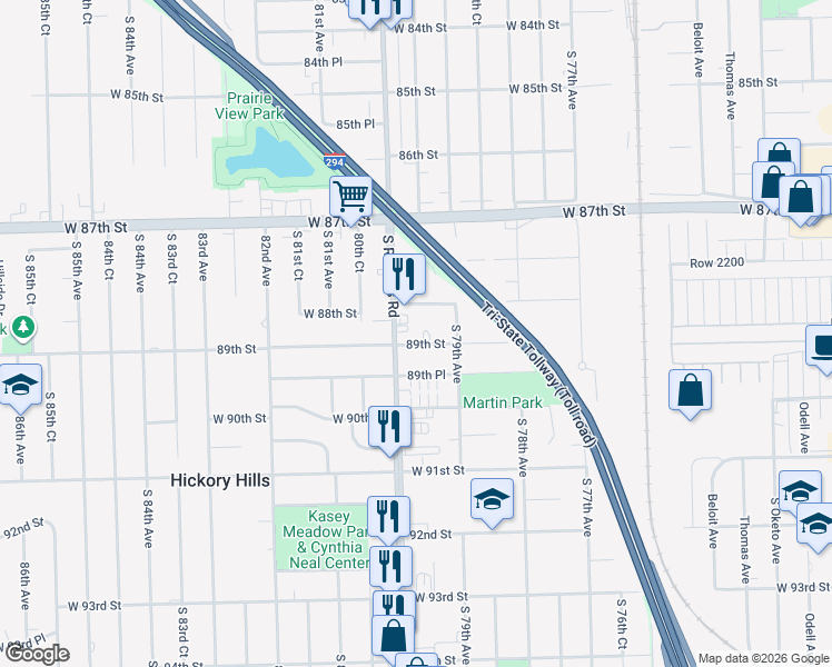 map of restaurants, bars, coffee shops, grocery stores, and more near 7940 89th Street in Hickory Hills