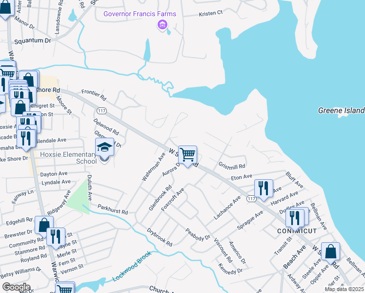 map of restaurants, bars, coffee shops, grocery stores, and more near 37 Sarah Teft Drive in Warwick