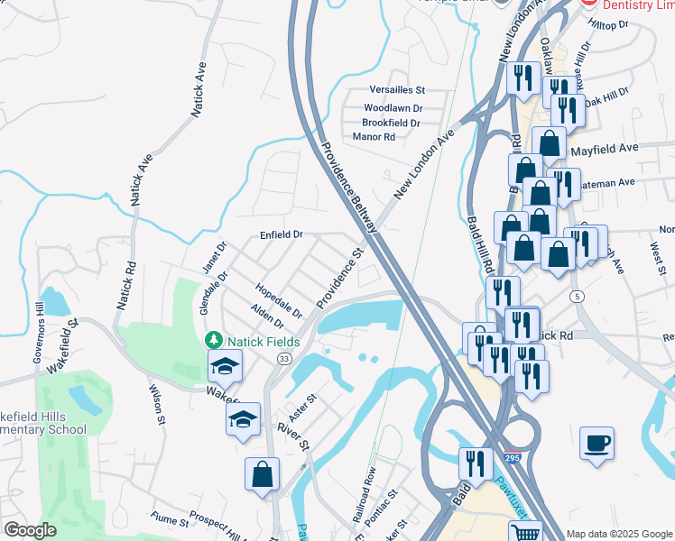map of restaurants, bars, coffee shops, grocery stores, and more near 5 Maryland Drive in West Warwick