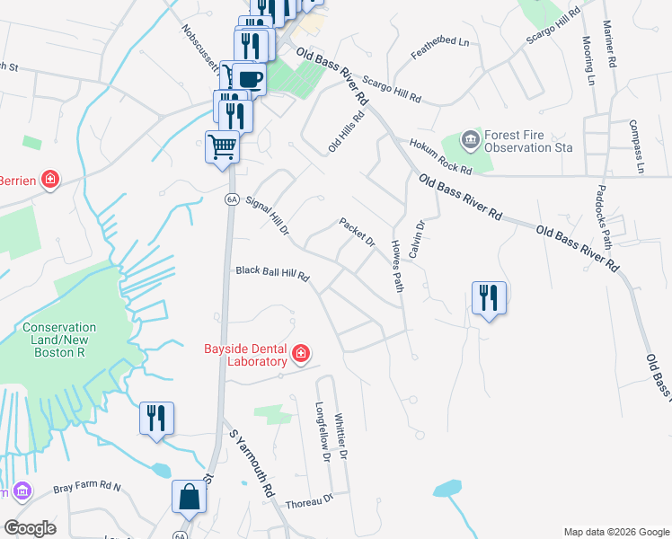 map of restaurants, bars, coffee shops, grocery stores, and more near 81 Signal Hill Drive in Dennis