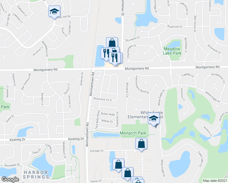 map of restaurants, bars, coffee shops, grocery stores, and more near 3460 Ohara Terrace in Naperville