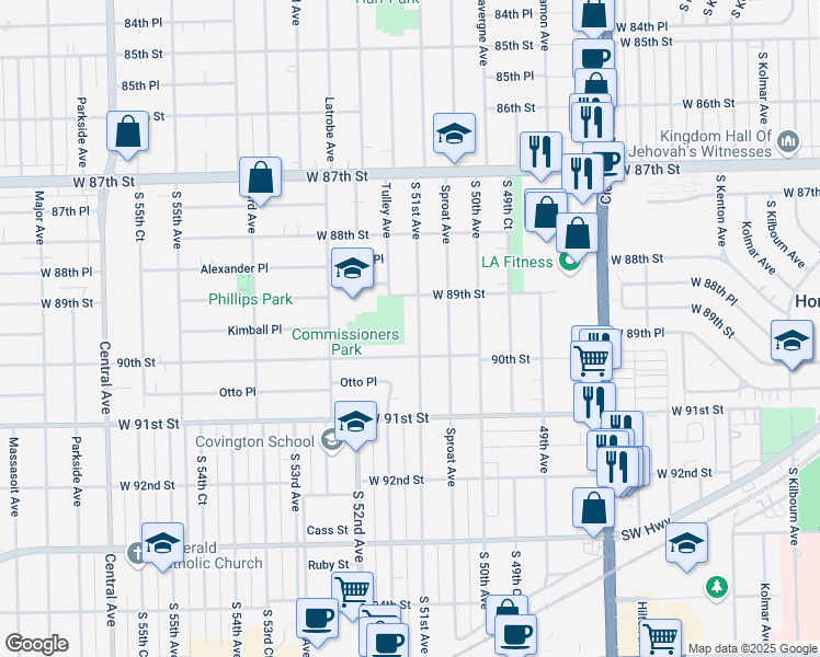 map of restaurants, bars, coffee shops, grocery stores, and more near 8920 South 51st Avenue in Oak Lawn