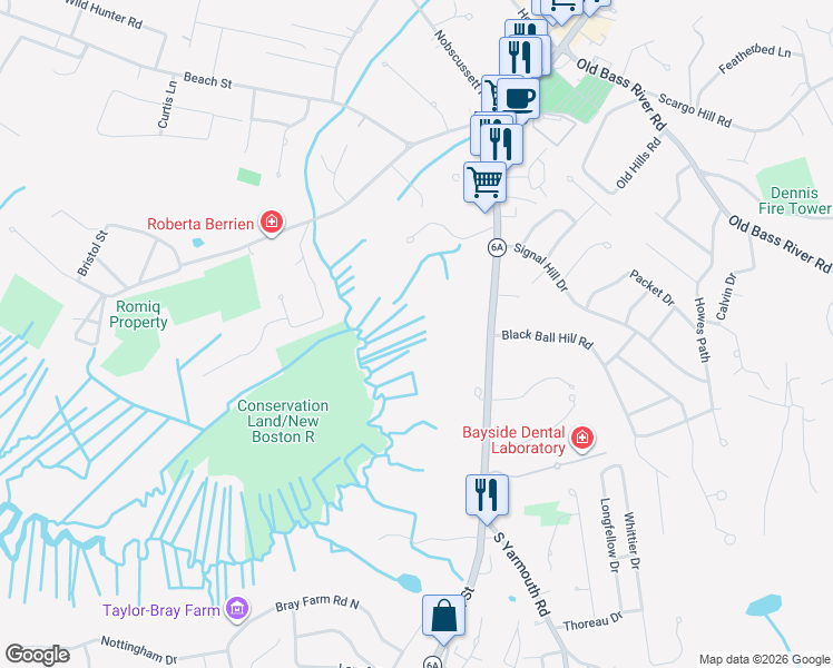 map of restaurants, bars, coffee shops, grocery stores, and more near 458 Main Street in Dennis