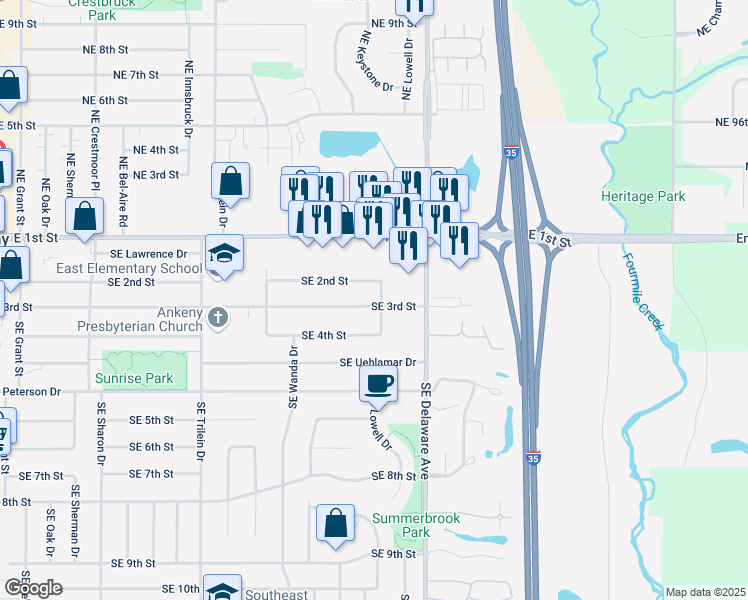 map of restaurants, bars, coffee shops, grocery stores, and more near 930 Southeast 3rd Street in Ankeny
