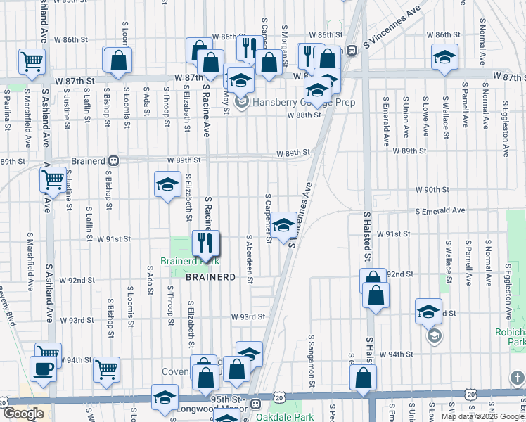 map of restaurants, bars, coffee shops, grocery stores, and more near 9020 South Carpenter Street in Chicago