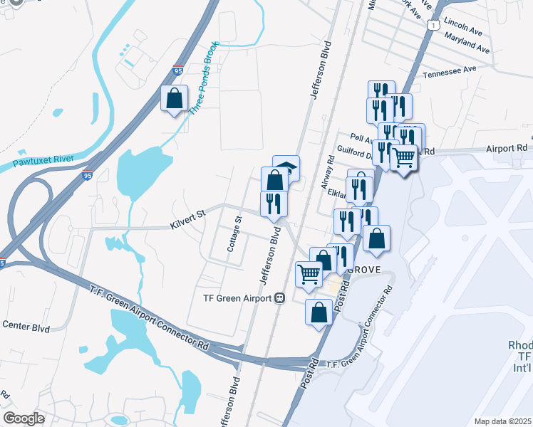map of restaurants, bars, coffee shops, grocery stores, and more near 157 Kilvert Street in Warwick