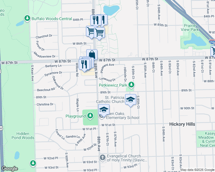 map of restaurants, bars, coffee shops, grocery stores, and more near 8701 Lynwood Drive in Oak Lawn