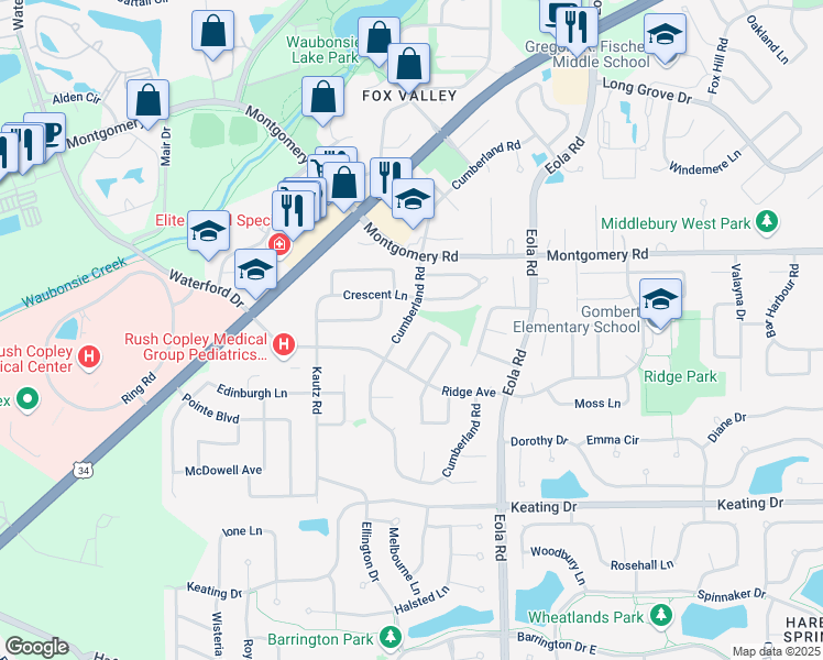 map of restaurants, bars, coffee shops, grocery stores, and more near 1530 Cumberland Road in Aurora