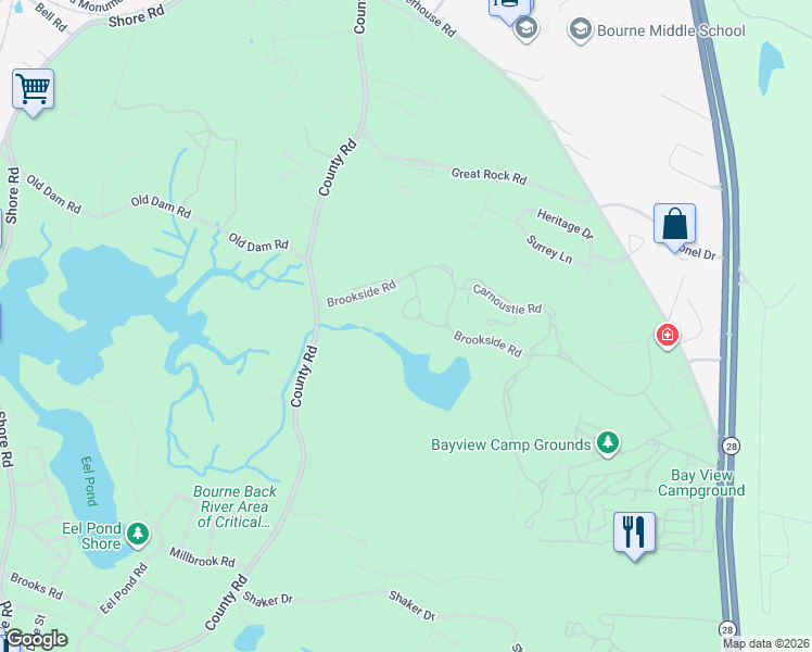 map of restaurants, bars, coffee shops, grocery stores, and more near 10 Candleberry Court in Bourne