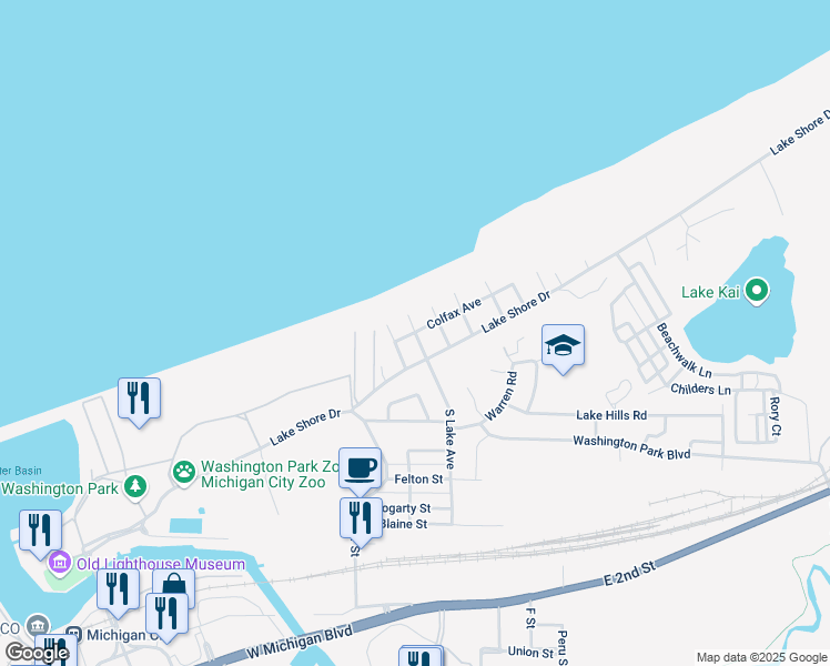 map of restaurants, bars, coffee shops, grocery stores, and more near Colfax Avenue & North Lake Avenue in Michigan City