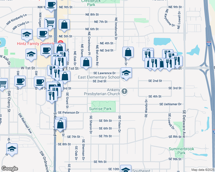 map of restaurants, bars, coffee shops, grocery stores, and more near 522 SE 3rd St in Ankeny
