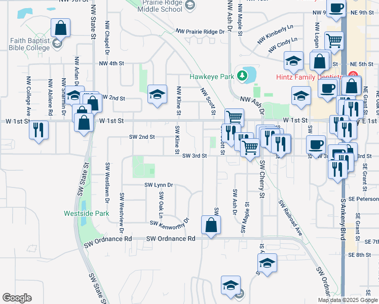 map of restaurants, bars, coffee shops, grocery stores, and more near 1008 Southwest 3rd Street in Ankeny