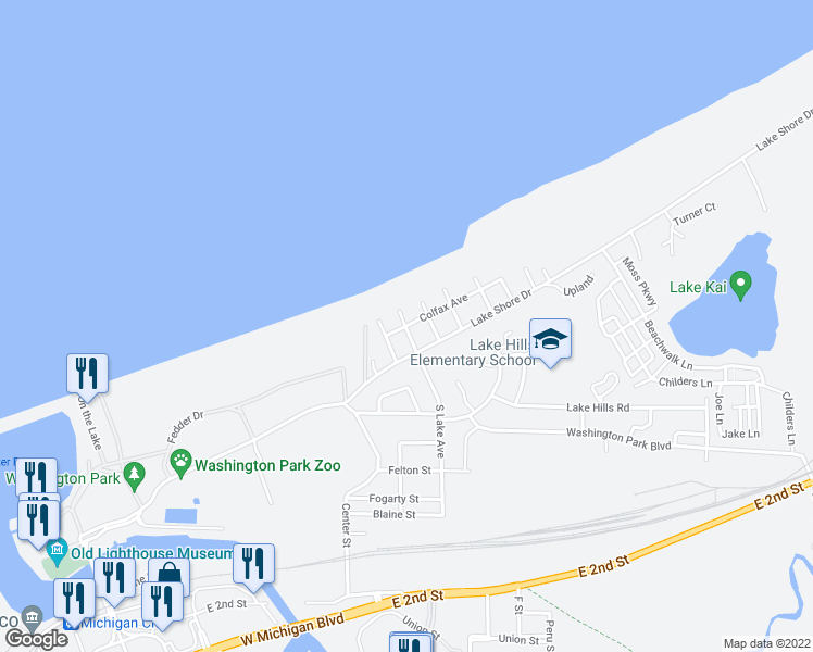map of restaurants, bars, coffee shops, grocery stores, and more near 400 Colfax Avenue in Michigan City