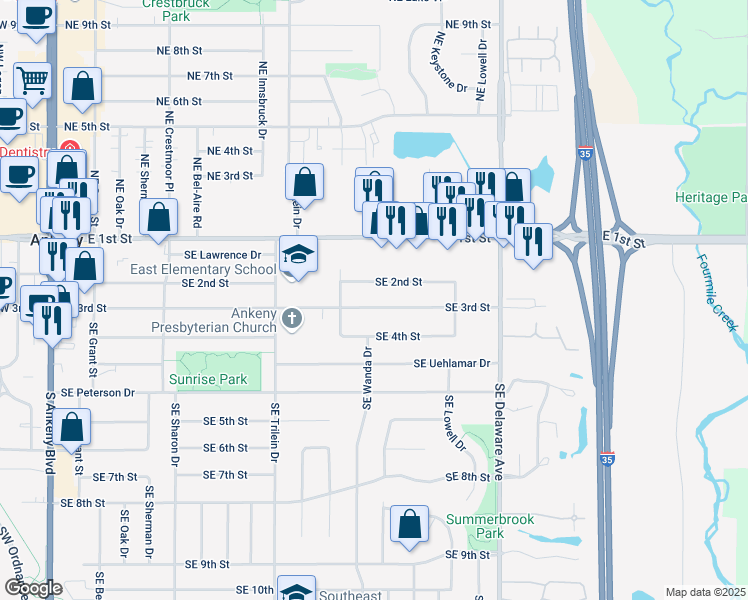 map of restaurants, bars, coffee shops, grocery stores, and more near 818 SE 3rd St in Ankeny