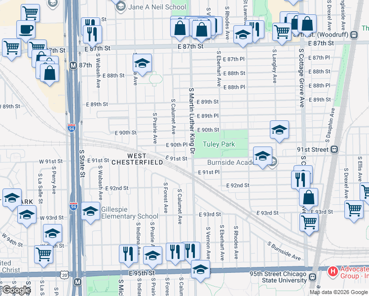 map of restaurants, bars, coffee shops, grocery stores, and more near 363 East 90th Place in Chicago