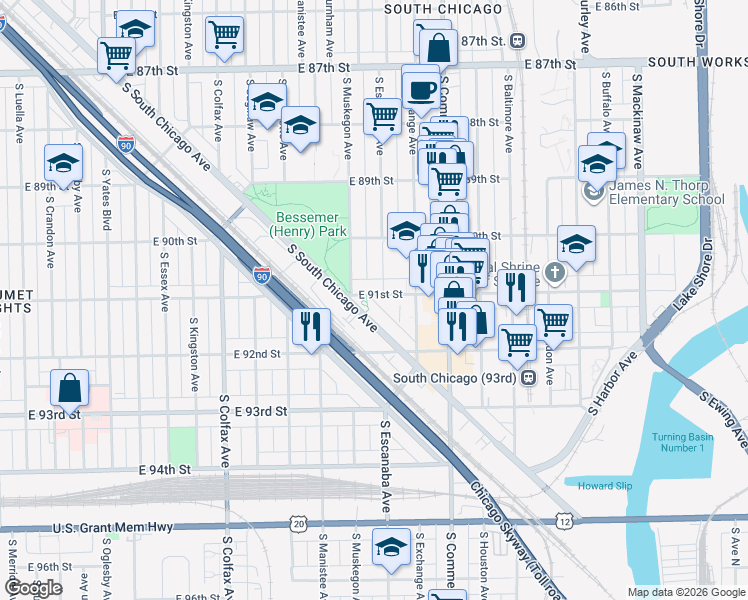 map of restaurants, bars, coffee shops, grocery stores, and more near 2842 East 91st Street in Chicago