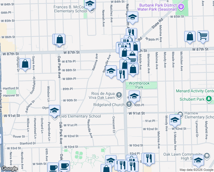 map of restaurants, bars, coffee shops, grocery stores, and more near 6436 89th Place in Oak Lawn